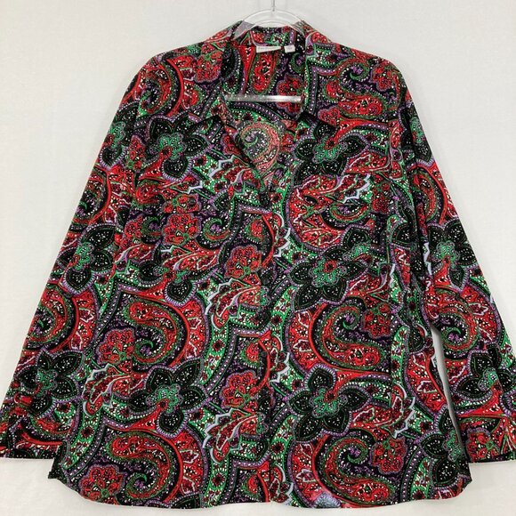 Kim Rogers size 2X Colorful Artsy Long Sleeve Stretch Button Down Office Career - Picture 1 of 10